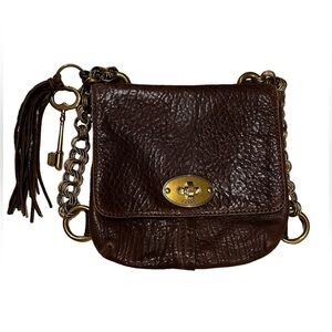 Vintage Fossil Boho Brown Pebbled Leather Shoulder Bag Brass Key And Strap